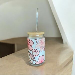 Floral Glass Can Tumbler with Straw NEW